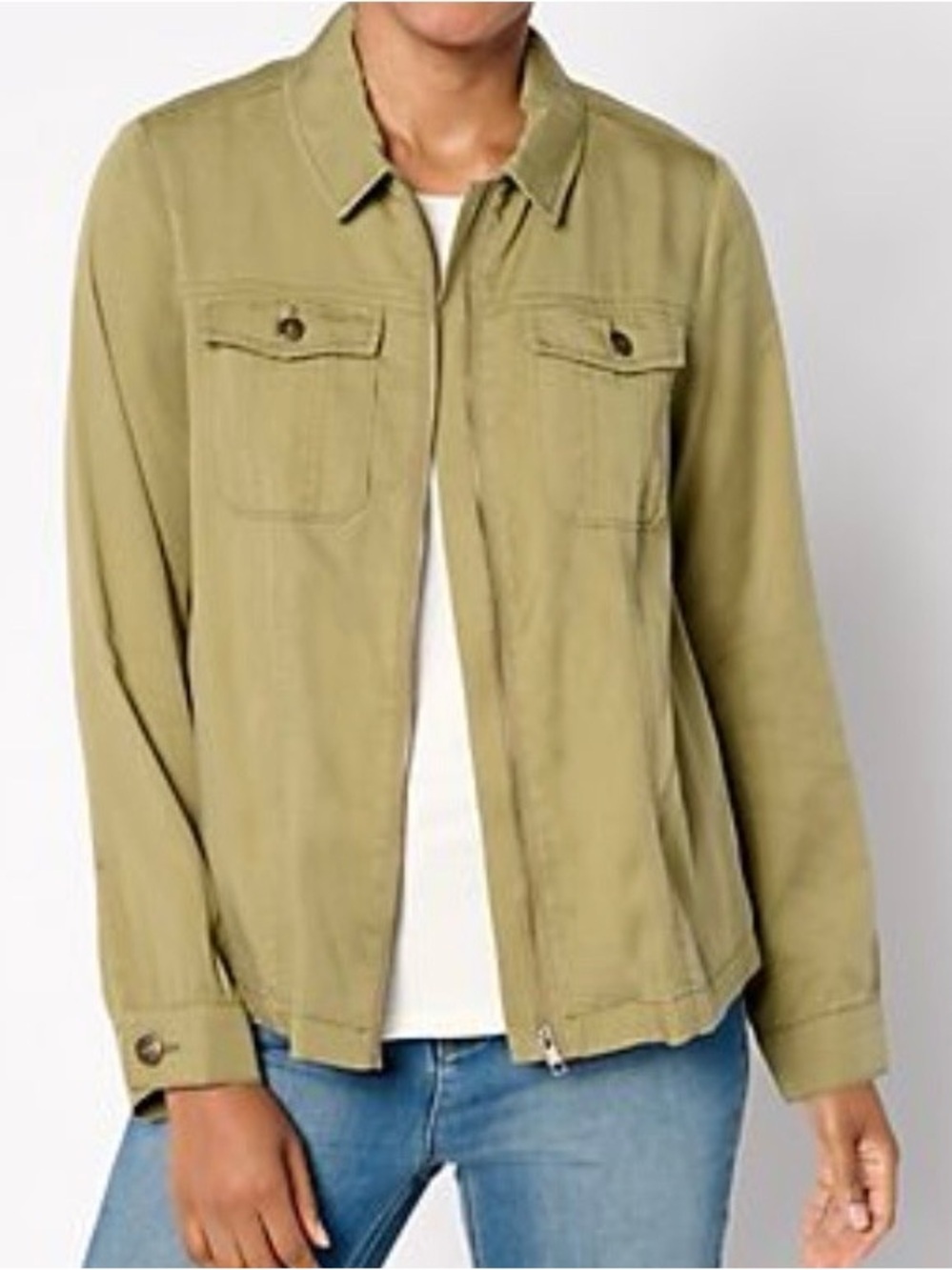 LOGO Lori Goldstein Olive Green Woven Zip Up Utility Jacket